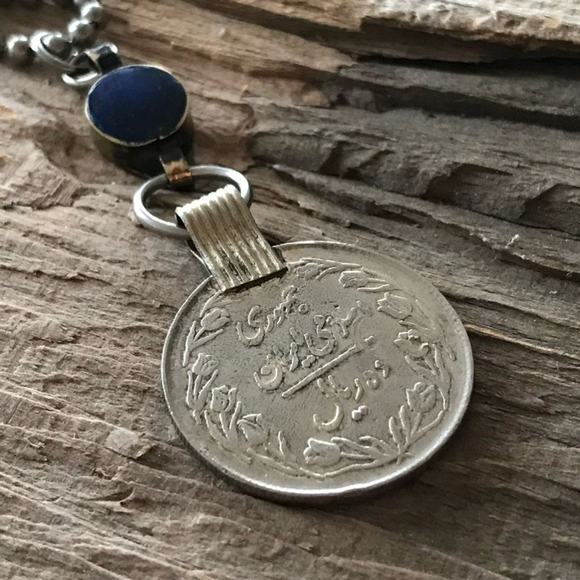 Rustic Lapis Lazuli Ethnic Coin Charm Necklace - 30 Inch Chain - Picture 10 of 12